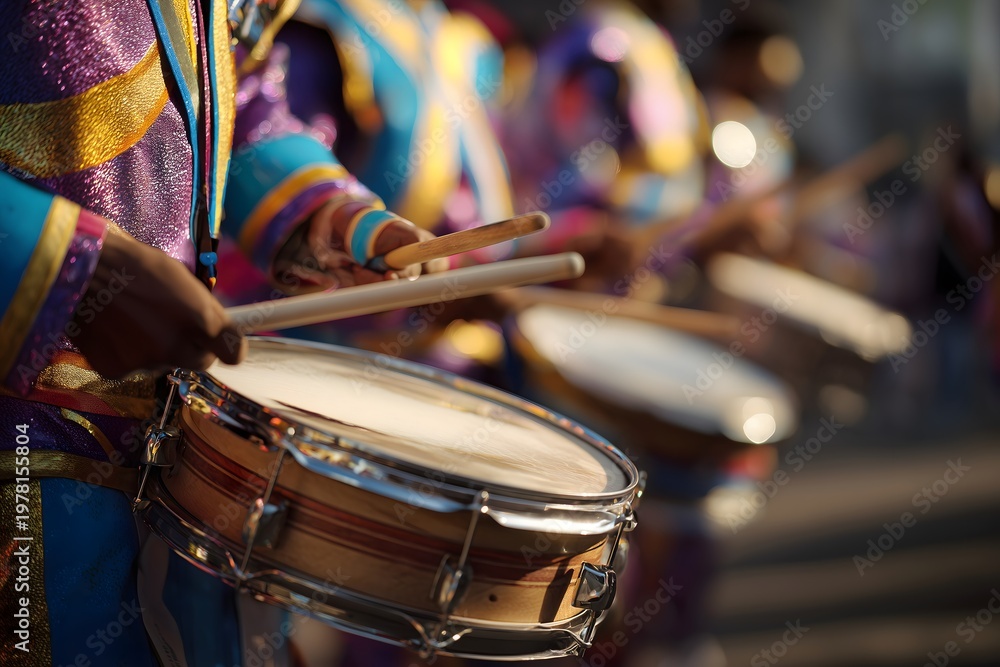 Fototapeta premium Carnival Drummers Playing Snare Drum in Colorful Costume, Festival Parade Close Up