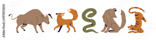 Wild animals, beasts set. Forest fauna, predators walking, attacking. Fierce buffalo bull, fox, snake serpent, evil wolf, aggressive tiger. Flat vector illustrations isolated on white background