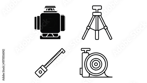 Precise Tools for Measurement: A collection of precision tools designed for accurate measurements in construction and surveying, includes rotary laser level, tripod.