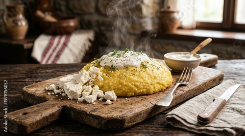 Traditional Romanian polenta served on wooden board with herbs and cream  