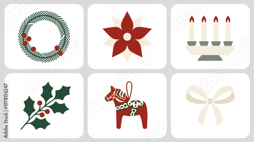 A cheerful flat design collection of traditional christmas icons, including a wreath, poinsettia, candles, holly, dala horse, and festive bow.