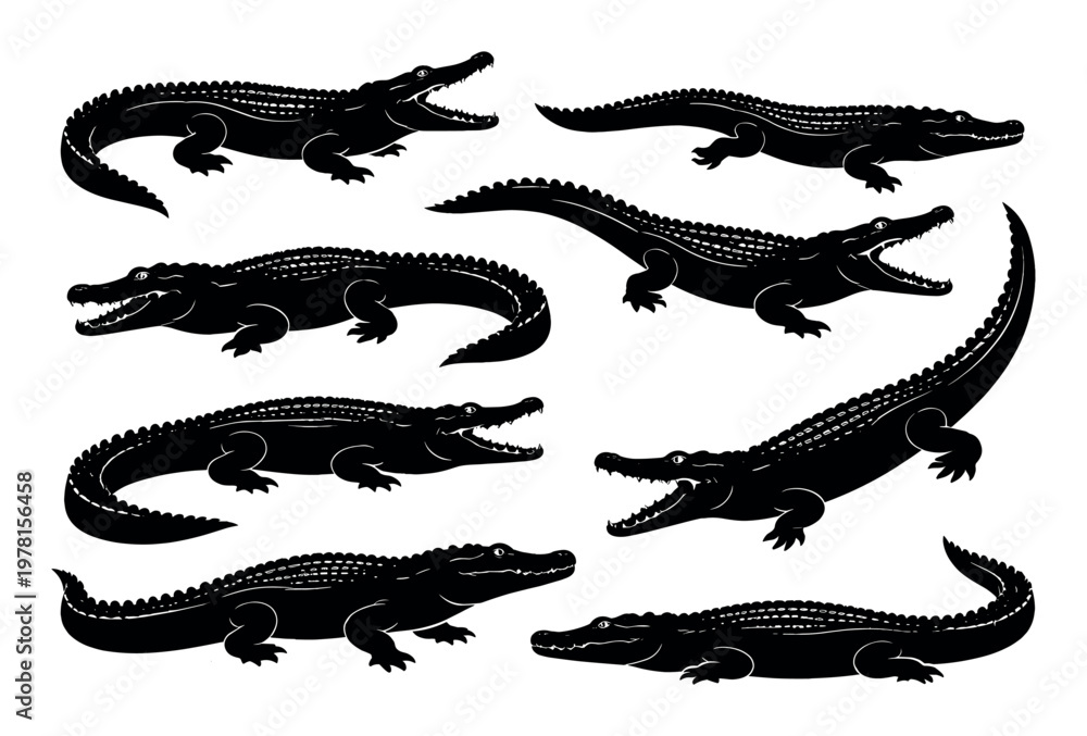 Fototapeta premium Alligator and crocodile black silhouettes isolated on white, showcasing various poses of these wild reptiles