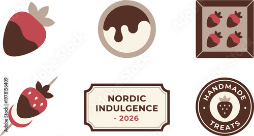 Flat vector branding design of chocolate strawberries as icons and logos, with warm brown, red, and cream tones on a white background.