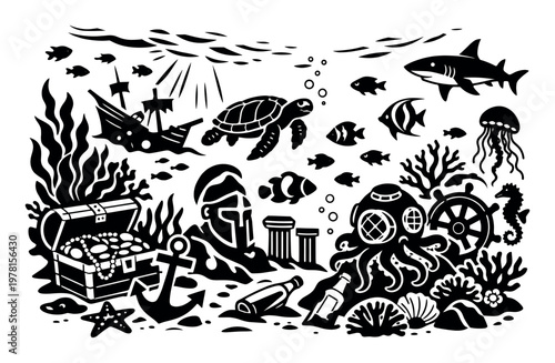 Exploring a vibrant underwater world with a sunken ship, golden treasure, ancient ruins, and diverse ocean creatures