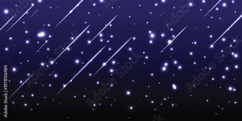 Creative starry night sky with shooting stars streaking across dark purple heavens, abstract space composition with glowing streaks, vector creative background