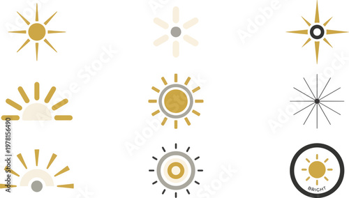 A minimalist set of golden vector sun and star icons with diverse geometric designs, isolated on a white background, symbolizing light and warmth.