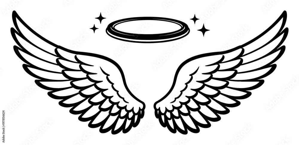 Fototapeta premium Angel wings featuring a halo and twinkling stars, symbolizing spirituality, peace, heaven, and guardianship in outline illustration