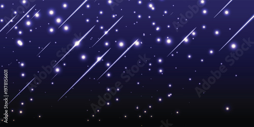 Minimalist starry night sky with shooting stars streaking across dark purple heavens, simple clean star pattern with subtle glow, eps10
