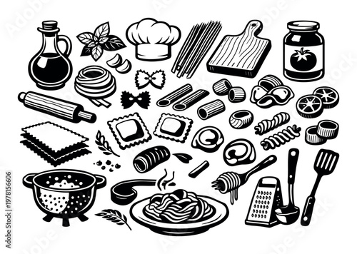 Assortment of Italian cucina components including dry pasta, sauces, fresh herbs with cooking equipment
