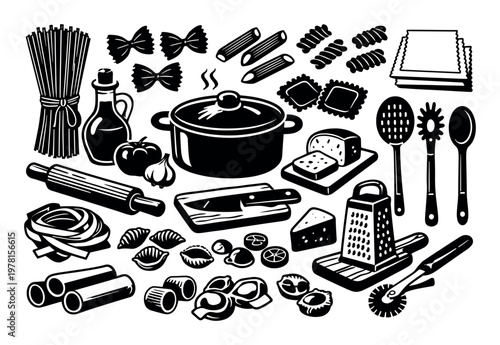 Various pasta types, cooking tools, and fresh ingredients for Italian cuisine, including spaghetti, ravioli, sauce, and cheese