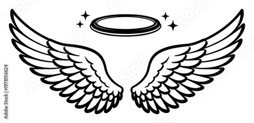Angel wings featuring a halo and twinkling stars, symbolizing spirituality, peace, heaven, and guardianship in outline illustration