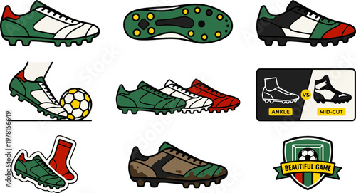 Vibrant vector illustration set of soccer boots and football cleats in various styles, including action shots and comparisons, on a clean white background.