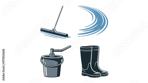 Cleaning Essentials Illustration: A collection of cleaning essentials, meticulously illustrated against a clean backdrop, featuring a squeegee, water trails, a bucket with a wringer.