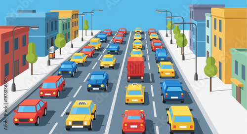 Busy City Street with Traffic Jam and Cars.