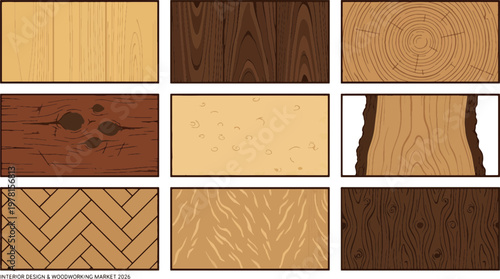 A grid of nine diverse flat vector wood textures and patterns in natural earthy tones, showcasing various grains and finishes for design projects.