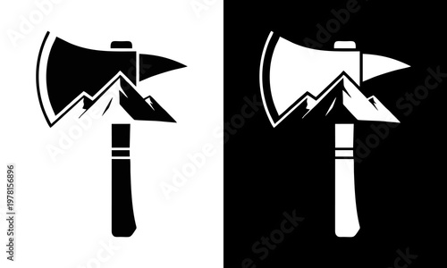 Graphic illustration of axe with mountain design on white and black background