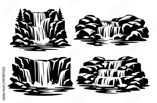 Natural waterfall collection featuring different cascades flowing over rocks, creating serene outdoor landscapes and flowing water
