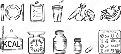 Nutrition and Diet Outline Icon Set, Healthy Eating and Food Planning Symbols Collection for Wellness, Meal Prep, Fitness, Lifestyle and Healthcare Design, Vector Illustration for Apps and Web