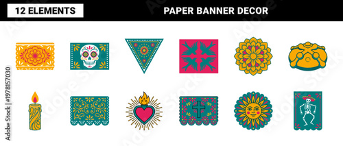 Mexican Folk Art Papel Picado Vector Set.