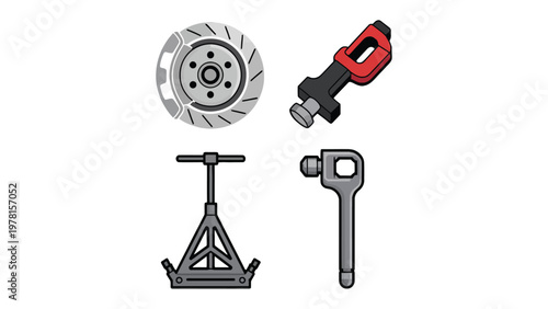 Automotive Repair: Automotive tools, featuring a brake disc, lug wrench, jack, and power tool, arranged against a clean backdrop, offer a visual narrative of car maintenance and repair