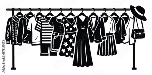 Apparel on a clothes rack, featuring men's and women's fashion items, including a hat and handbag