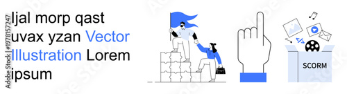 Education, collaboration, teamwork, digital learning, online resources, user interface. Person helping another climb steps and abstract hand and SCORM package. Collaboration and eLearning concept