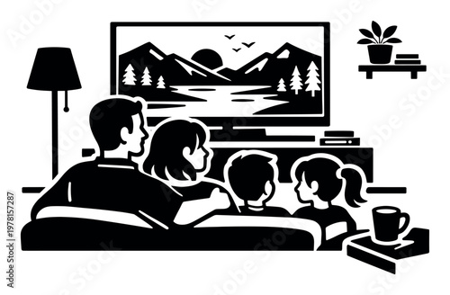 Family sitting on a sofa, watching television showing a landscape scene. Parents and children share a bonding experience and entertainment