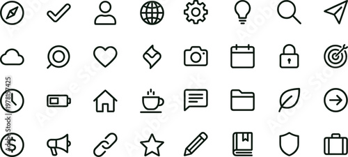Minimal user interface outline icon set for navigation controls applications dashboards websites presentations and digital interaction elements toolkit