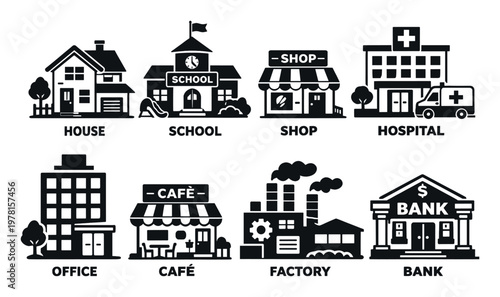 Collection of black and white building icons showing essential modern city services and common urban architecture
