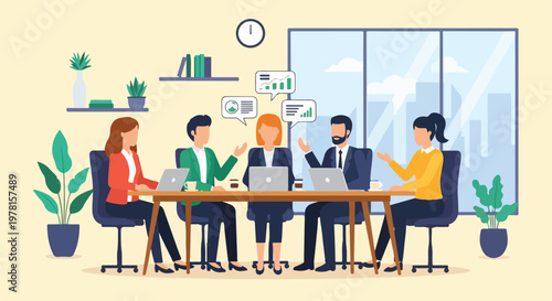 Diverse business professionals collaborate around a wooden table in a modern office, sharing ideas and data insights during a productive team meeting.