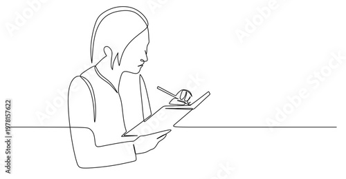 a single line drawing of a student writing carefully in a textbook. a single line vector drawing

