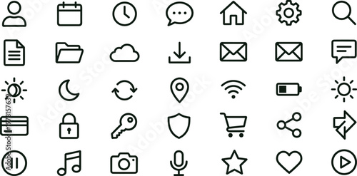 User interface outline icon set for applications dashboards websites presentations navigation communication media controls and digital interaction elements toolkit