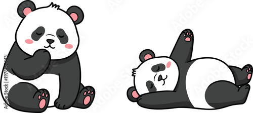 Cute Panda Vector Set with Sitting and Lying Down Poses, Cartoon Style Black and White Bears, Playful Animal Illustrations for Kids, Wildlife, and Educational Designs