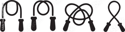 Four black silhouette jump ropes with handles arranged in a row