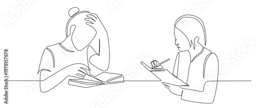 a single continuous line drawing of two female students studying with their hands holding their heads, showing an expression of concentration and fatigue. another female student is writing.