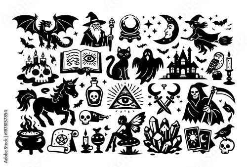 Collection of mystical magic objects with wizard, witch, dragon, unicorn, ghost, skull, black cat, and crystal ball