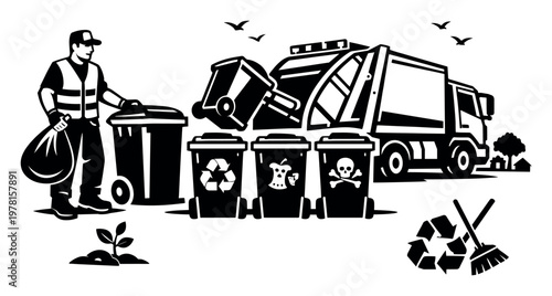 Sanitation worker collecting garbage and sorting different waste types into labeled bins, emphasizing recycling and efficient refuse management