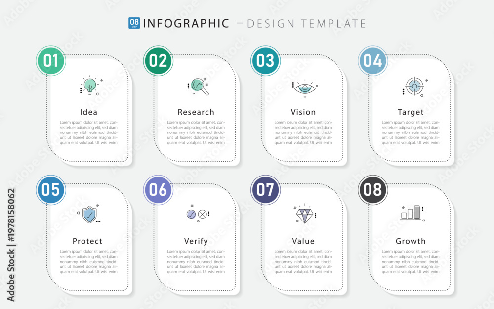 Naklejka premium Timeline Creator infographic template. 8 Step timeline journey, calendar Flat simple infographics design template. presentation graph. Business concept with 8 options, gantt vector illustration.