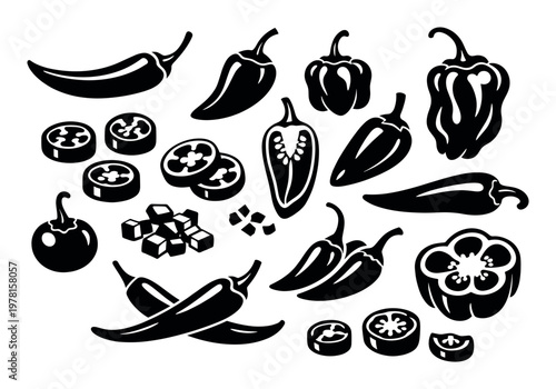 Silhouettes of chili peppers, bell peppers, and jalapenos, with sliced and diced pieces to showcase these fiery ingredients