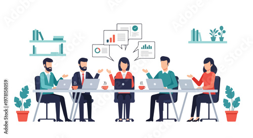 A diverse group of professionals collaborates in a modern office, discussing data visualizations on their laptops during a productive meeting.