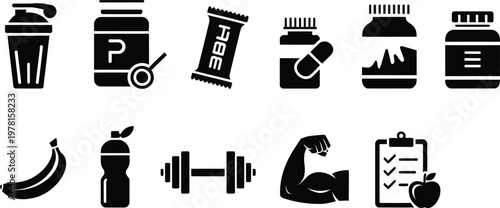 Nutrition and Fitness Solid Icon Set, Health, Exercise and Supplement Symbols Collection for Gym, Workout, Wellness, Diet and Lifestyle Design, Vector Illustration for Apps, Web and Branding
