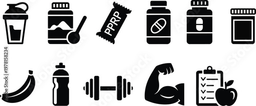 Nutrition and Fitness Solid Icon Set, Health, Exercise and Supplement Symbols Collection for Gym, Workout, Wellness, Diet and Lifestyle Design, Vector Illustration for Apps, Web and Branding