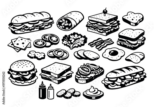 Collection of common fast food and deli ingredients. Hand drawn style creating a menu or grocery list visual element