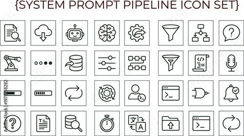 System prompt pipeline outline icon set for analytics dashboards applications interfaces workflow automation integration and digital technology process platforms