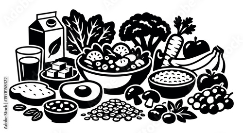 Balanced assortment of healthy food groups including fresh vegetables, fruits, whole grains, beans, milk, and nuts