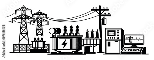 Electrical power grid illustration showing transformers, transmission towers, and control panel with monitoring system