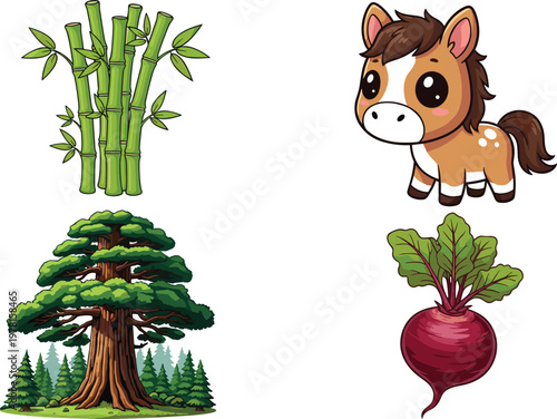 Cute Animal and Plant Vector Set with Bamboo, Cartoon Horse, Redwood Tree, and Beet Illustrations for Editable Forest, Garden, Wildlife, and Kids Digital Designs