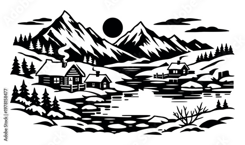 Winter scene showing cabins nestled in snowy mountains by a lake, providing a feeling of solitude and retreat in nature