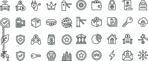 Cryptocurrency blockchain security outline icon set for finance dashboards applications interfaces payment authentication monitoring and digital asset technology systems