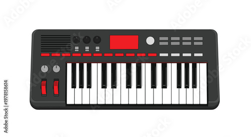 Electronic music synthesizer keyboard with various knobs, buttons, and a red screen on white background for audio production.